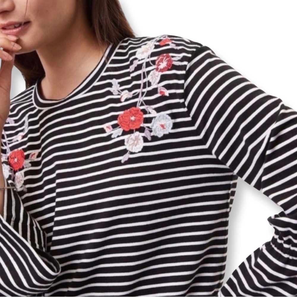 LOFT Striped Long Sleeve Top with Red Floral Embroidery - Picture 2 of 9